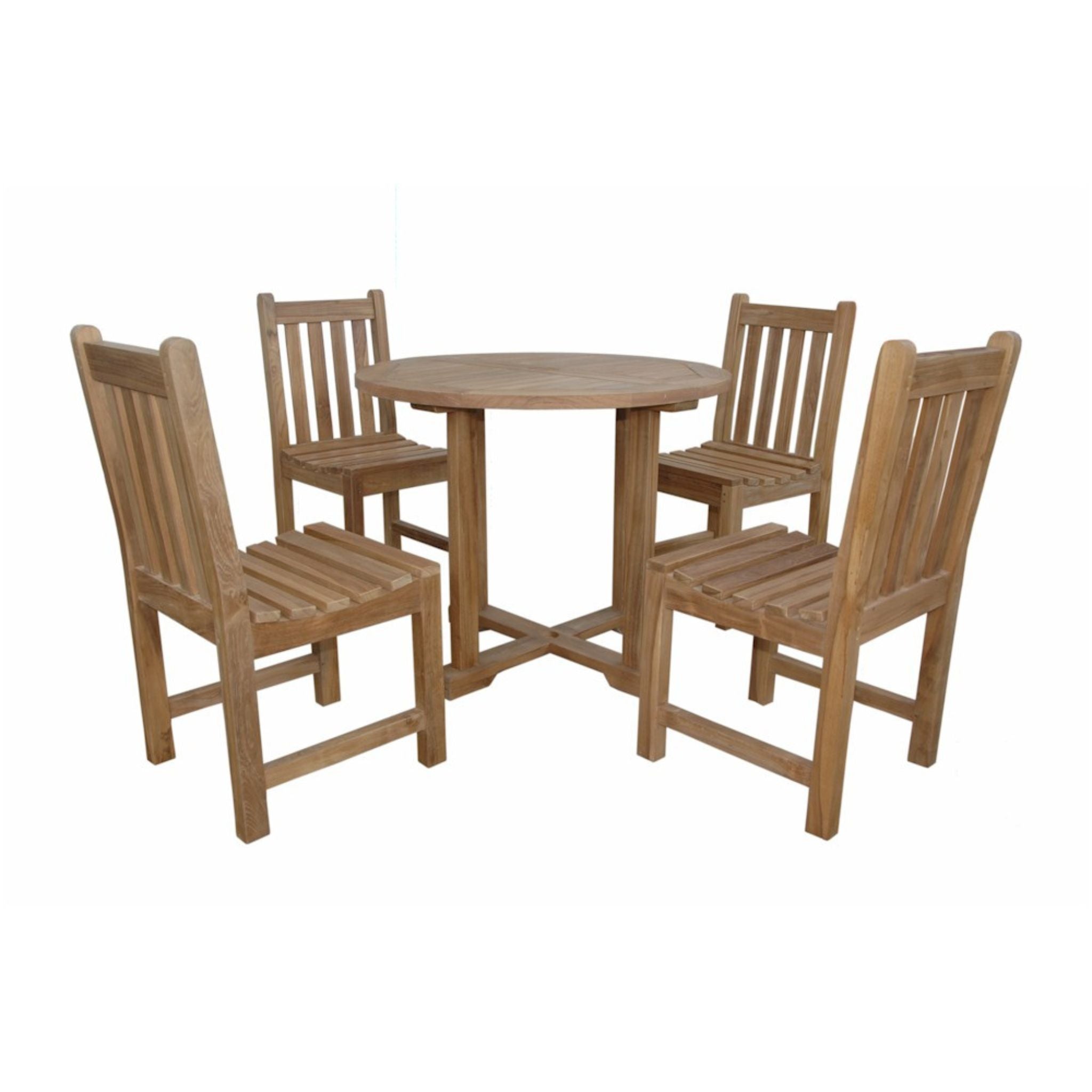 Wooden dining set with a round table and four chairs on a white background
