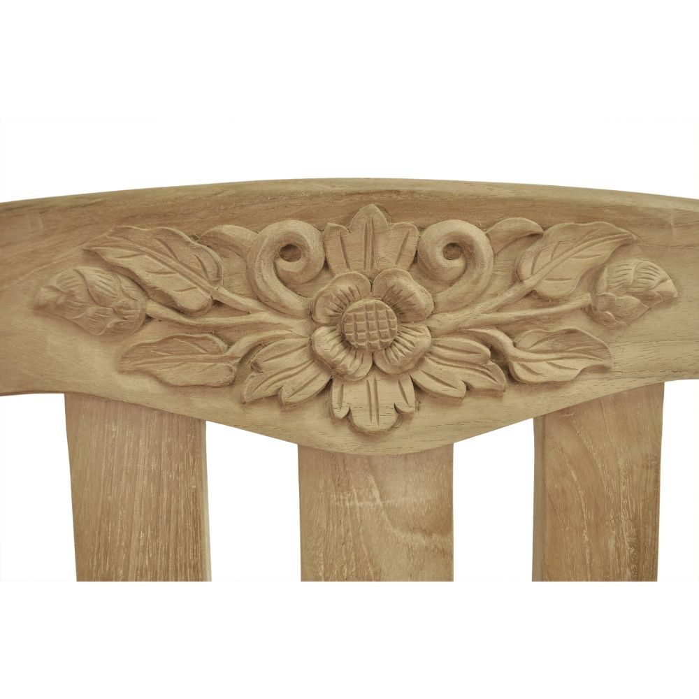 Wooden headboard with floral carvings on a white background