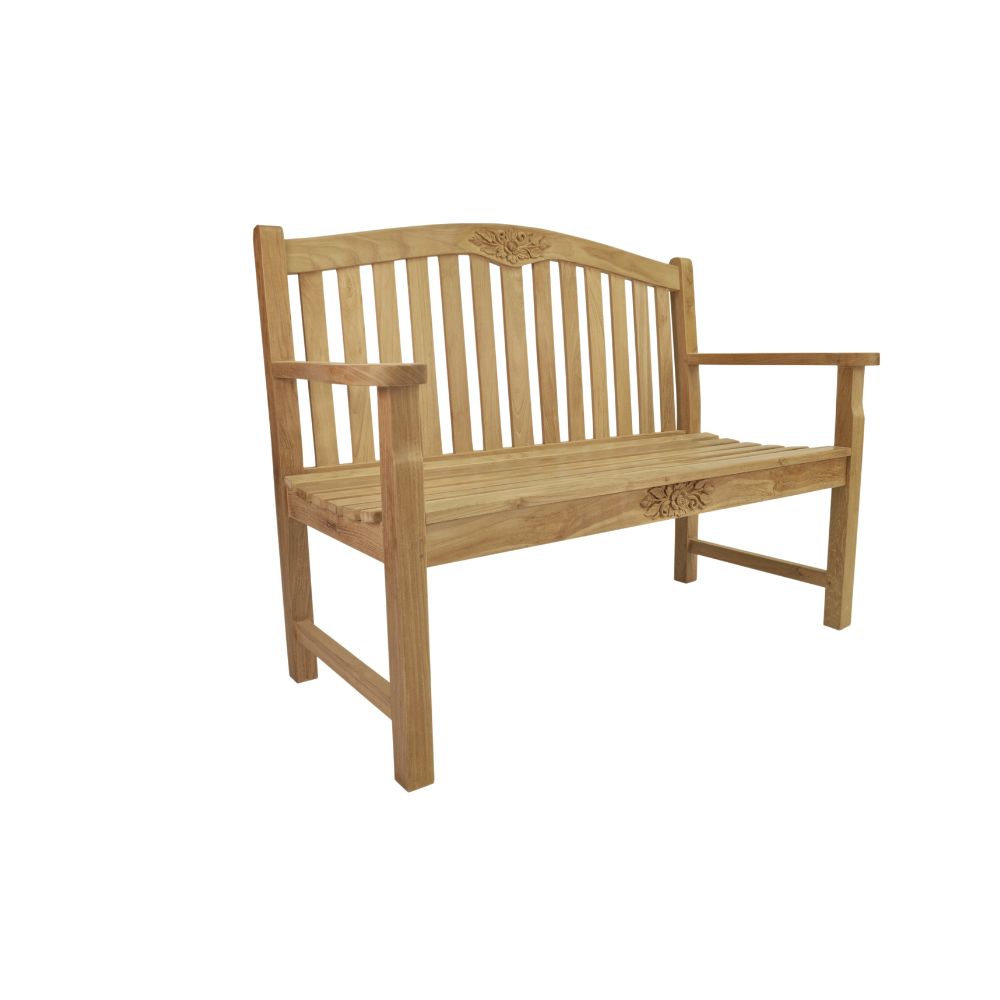 Wooden bench with decorative backrest on a white background