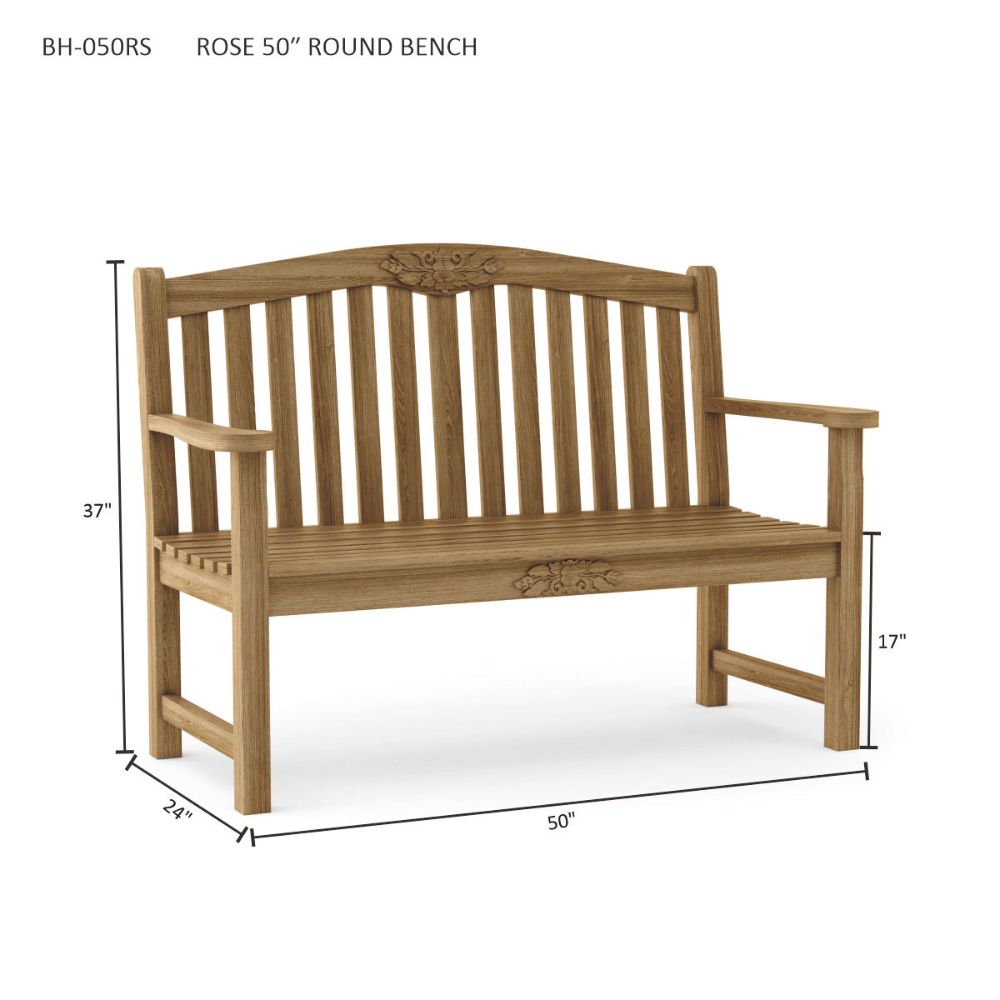 A 50-inch round wooden bench shown on a white background with dimension lines and labels indicating height, width, and depth. The bench has a natural wood finish and decorative carved details on the backrest and seat.