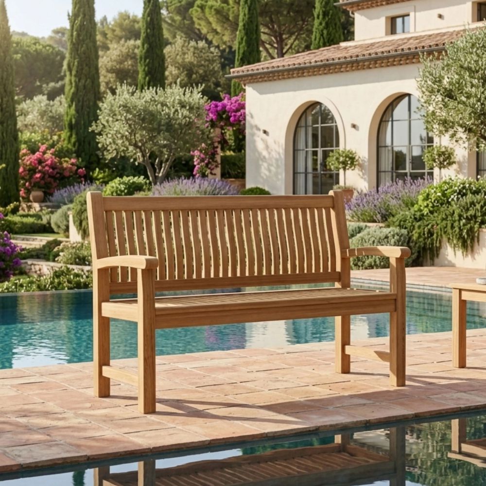 Wooden bench on a wooden deck by a pool with a scenic background