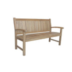 A light brown wooden garden bench with a slatted backrest and armrests, shown on a plain white background.