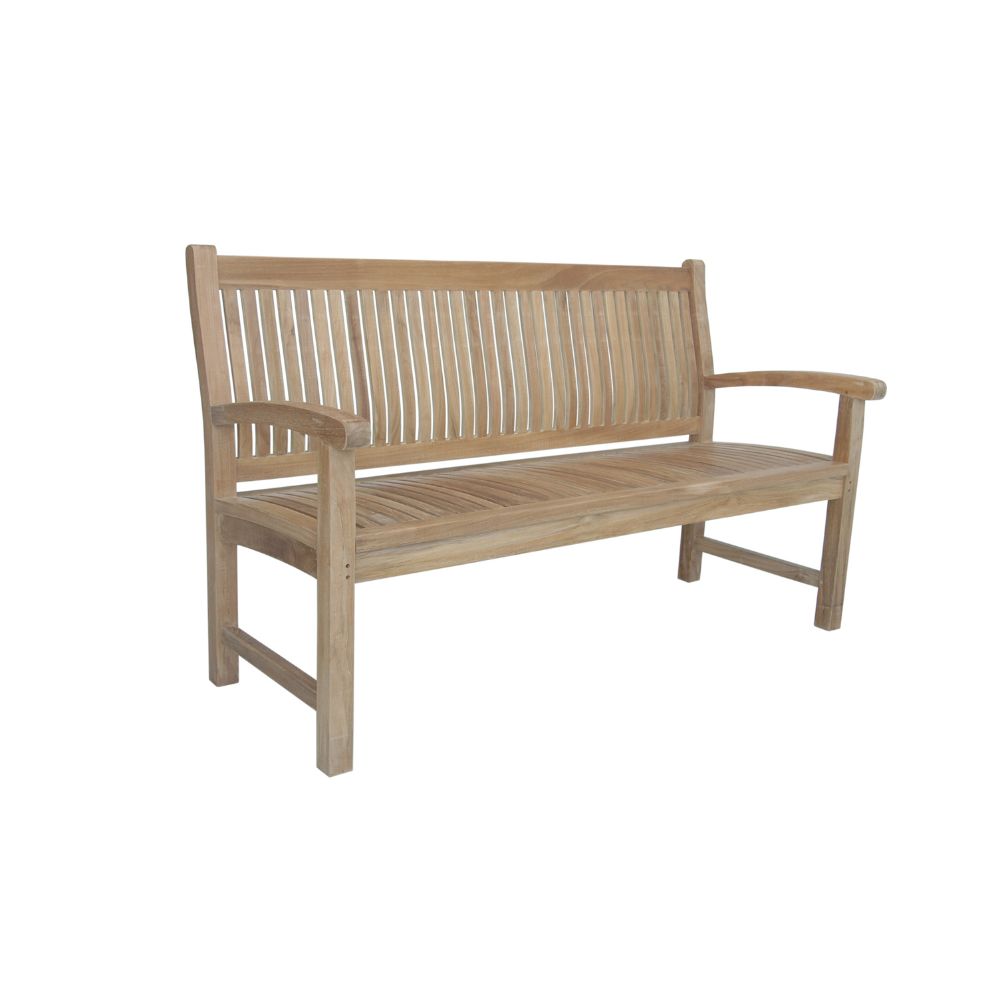 A light brown wooden garden bench with a slatted backrest and armrests, shown on a plain white background.