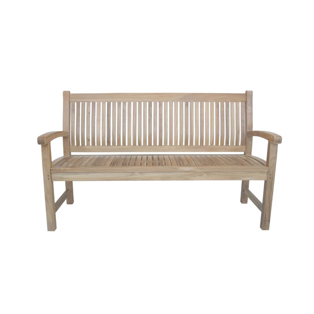 A light natural wood outdoor bench with a slatted backrest and seat, featuring armrests and four legs, shown against a plain white background.