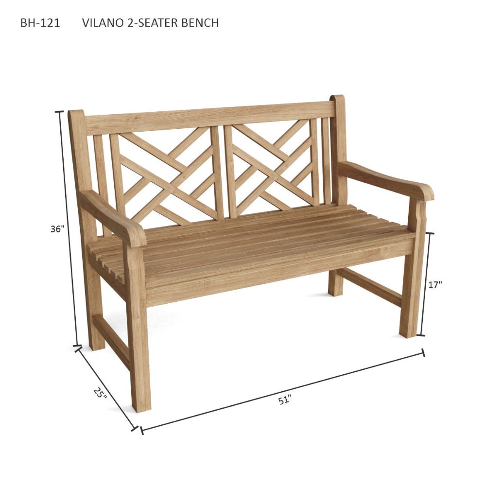 A wooden 2-seater bench with dimension callouts showing 36" height, 51" width, and 23" depth on a white background.