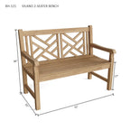 A wooden 2-seater bench with dimension callouts showing 36" height, 51" width, and 23" depth on a white background.