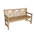 A wooden garden bench with a slatted seat, curved armrests, and a geometric lattice backrest, shown on a plain white background.
