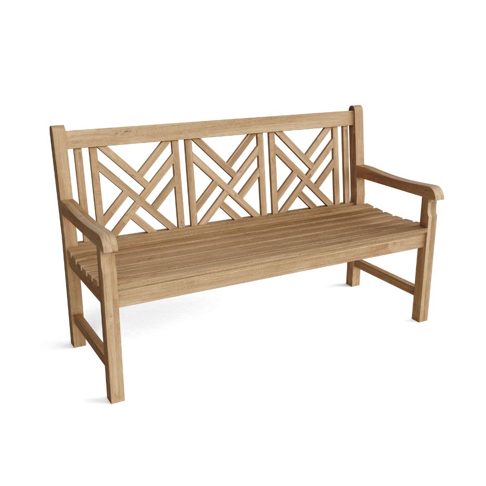 A wooden garden bench with a slatted seat, curved armrests, and a geometric lattice backrest, shown on a plain white background.