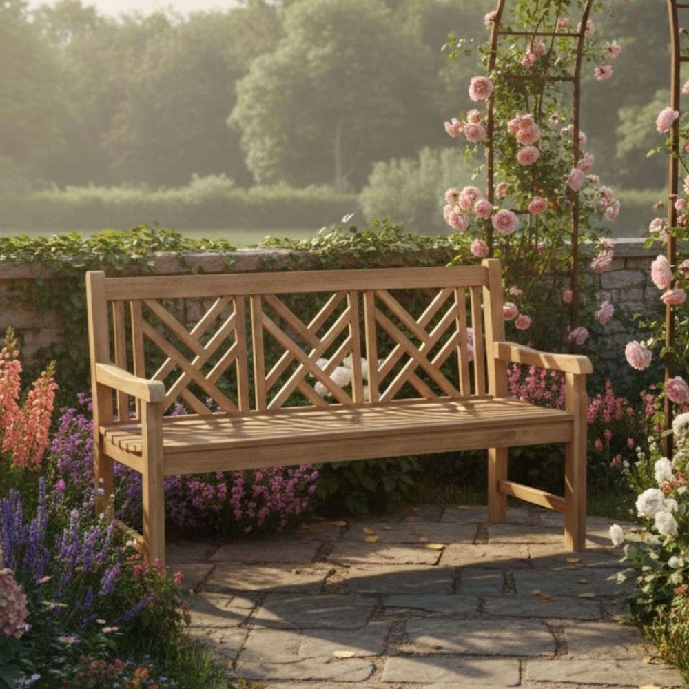 A wooden garden bench with a geometric lattice backrest, set on a stone patio in a lush garden with pink roses and flowers.