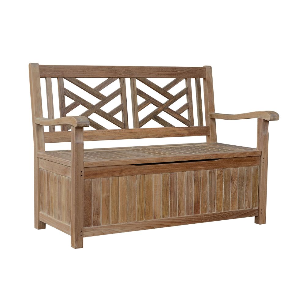 Wooden bench with geometric backrest on a white background