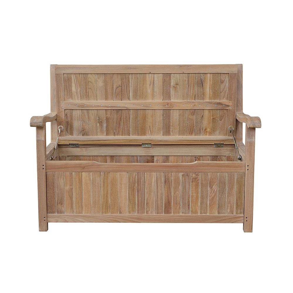 A wooden bench with a lift-up seat, made from natural wood planks, shown on a solid white background.