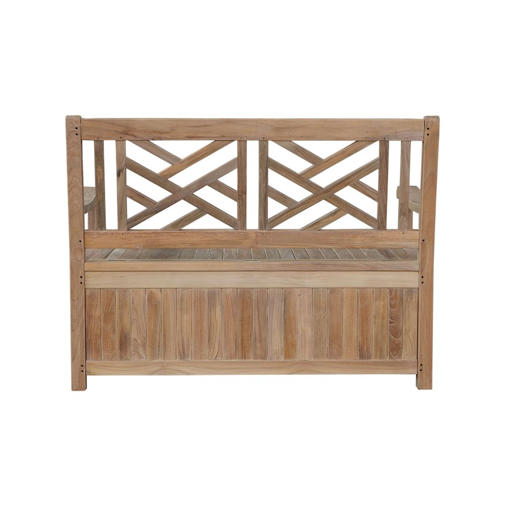 A natural teak wood garden bench with a geometric lattice backrest and a slatted seat, shown against a plain white background.