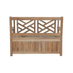 A natural teak wood garden bench with a geometric lattice backrest and a slatted seat, shown against a plain white background.