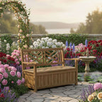 Wooden bench with storage in a garden setting with flowers and a fountain.