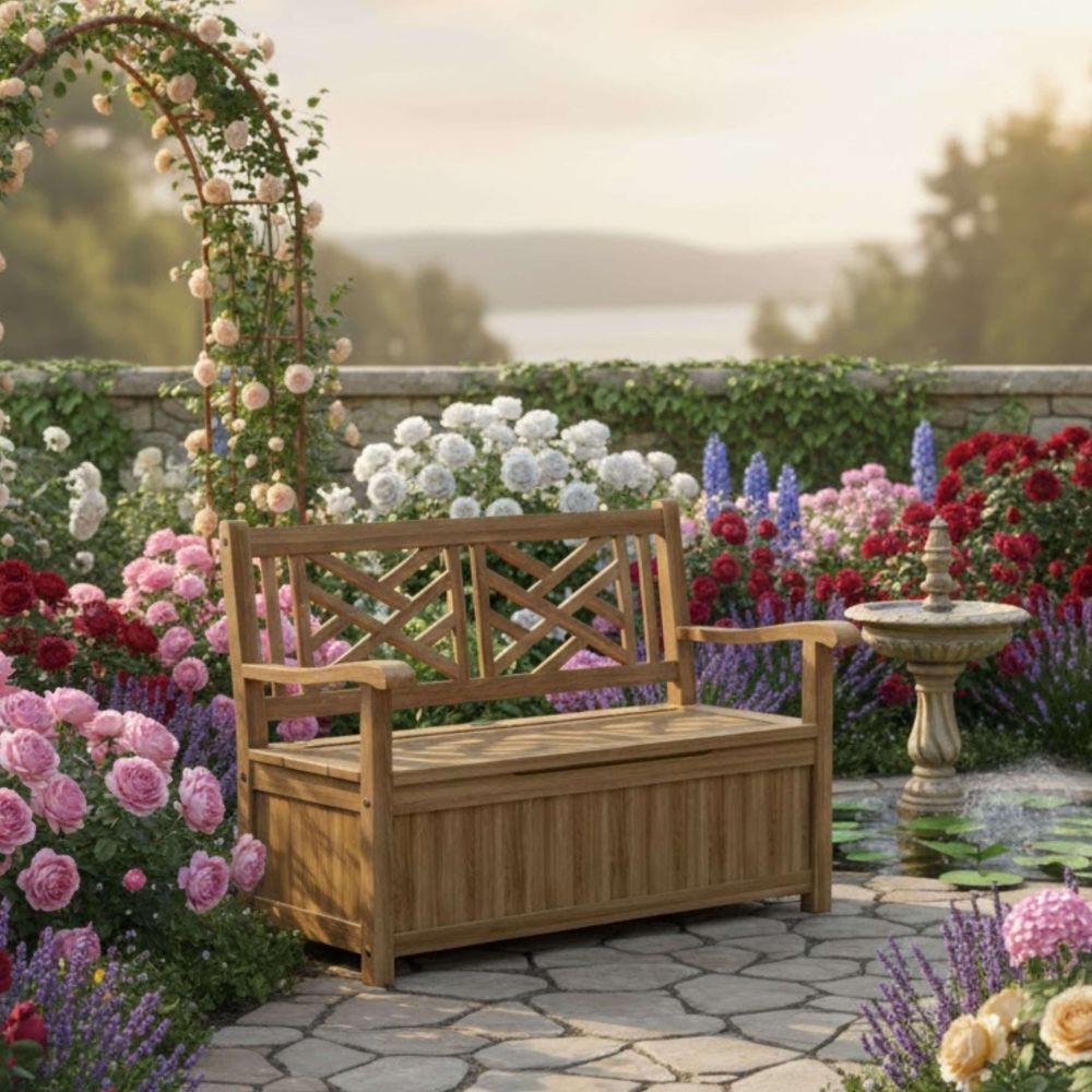 Wooden bench with storage in a garden setting with flowers and a fountain.