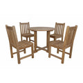 Wooden dining set with a round table and four chairs on a white background