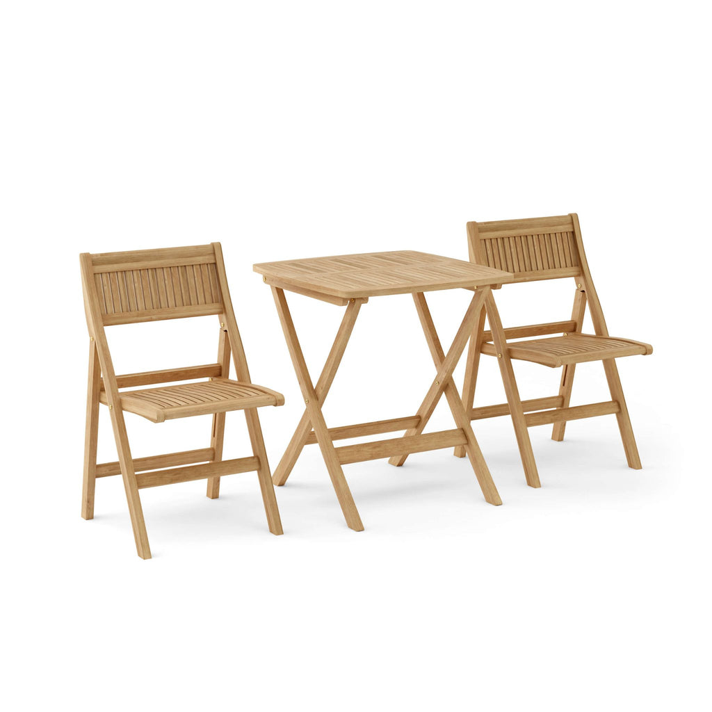 A 3-piece outdoor bistro set made of light natural teak wood, including a square folding table and two matching folding chairs with slatted backs and seats, shown on a white background.