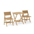 A 3-piece outdoor bistro set made of light natural teak wood, including a square folding table and two matching folding chairs with slatted backs and seats, shown on a white background.