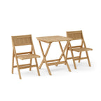 A 3-piece outdoor bistro set made of light natural teak wood, including a square folding table and two matching folding chairs with slatted backs and seats, shown on a white background.