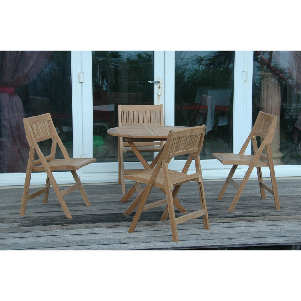 Wooden outdoor furniture set with table and chairs on a wooden deck.