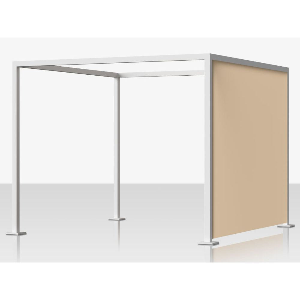 A modular exhibition booth or partition panel with a white metal frame and a beige fabric screen panel, shown on a clean white background.