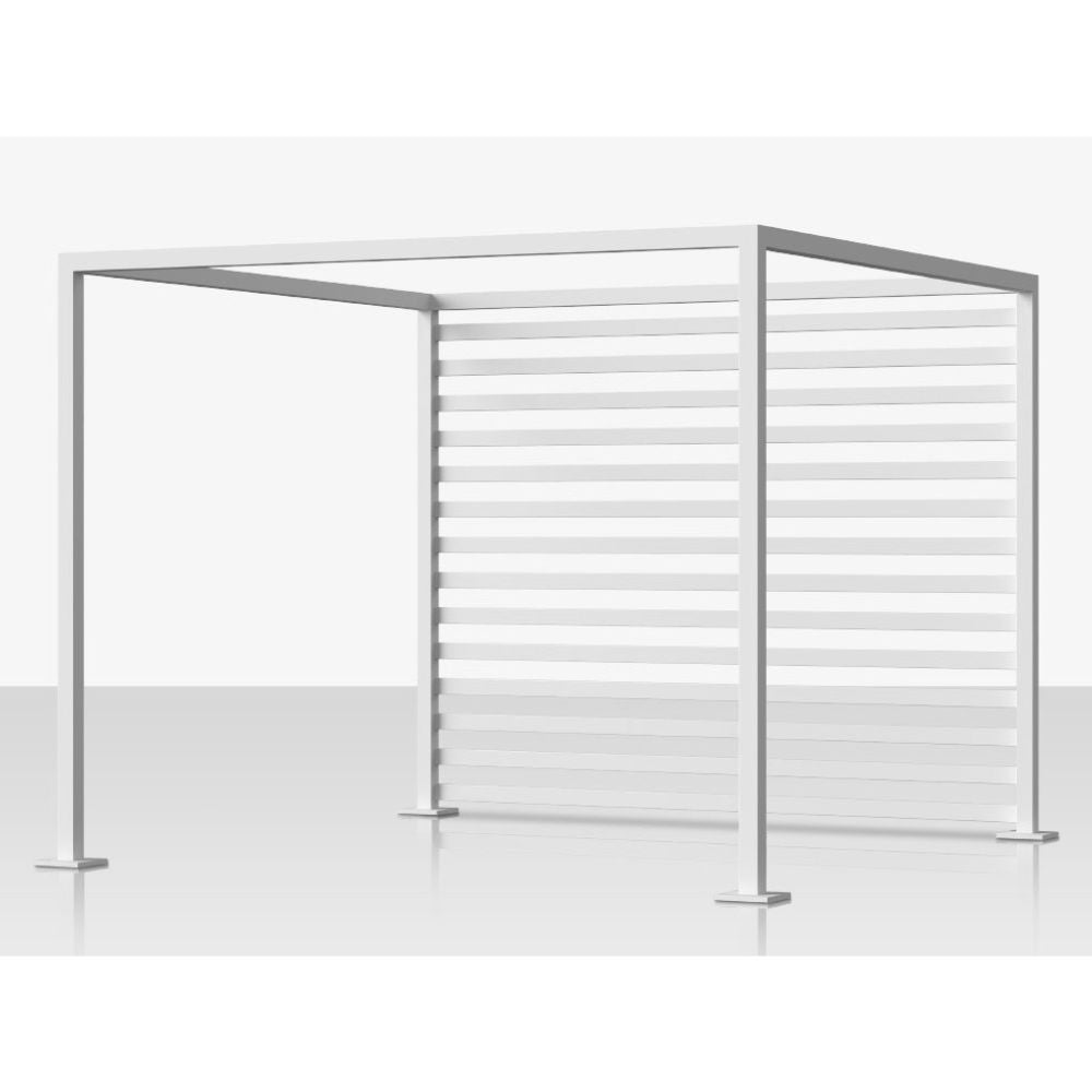 A modern white metal patio cabana or pergola frame with horizontal slat panels, shown on a clean light gray studio background.