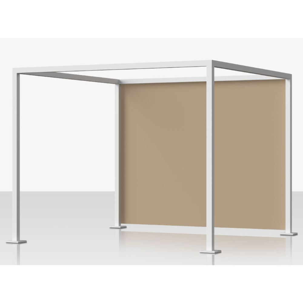 A modern modular office partition wall with a white metal frame and tan fabric panels, shown on a clean light gray background.