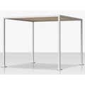 A modern square patio cabana or pergola frame with a white metal structure, a light brown wooden roof panel, and flat feet on a light gray reflective floor.