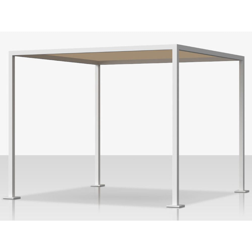 A modern square patio cabana or pergola frame with a white metal structure, a light brown wooden roof panel, and flat feet on a light gray reflective floor.