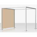 A modern modular booth or partition frame with a white metal structure and a beige fabric panel on the left side, shown on a clean light gray background.