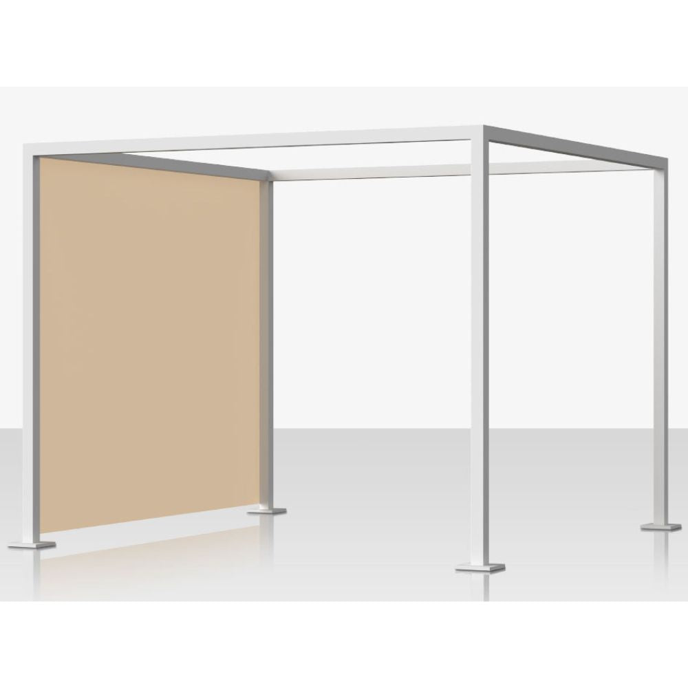 A modern modular booth or partition frame with a white metal structure and a beige fabric panel on the left side, shown on a clean light gray background.