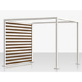 A modern outdoor patio cabana or pergola frame with a white metal structure, a slatted brown privacy screen panel on the left, and a flat roof, shown on a light gray background.