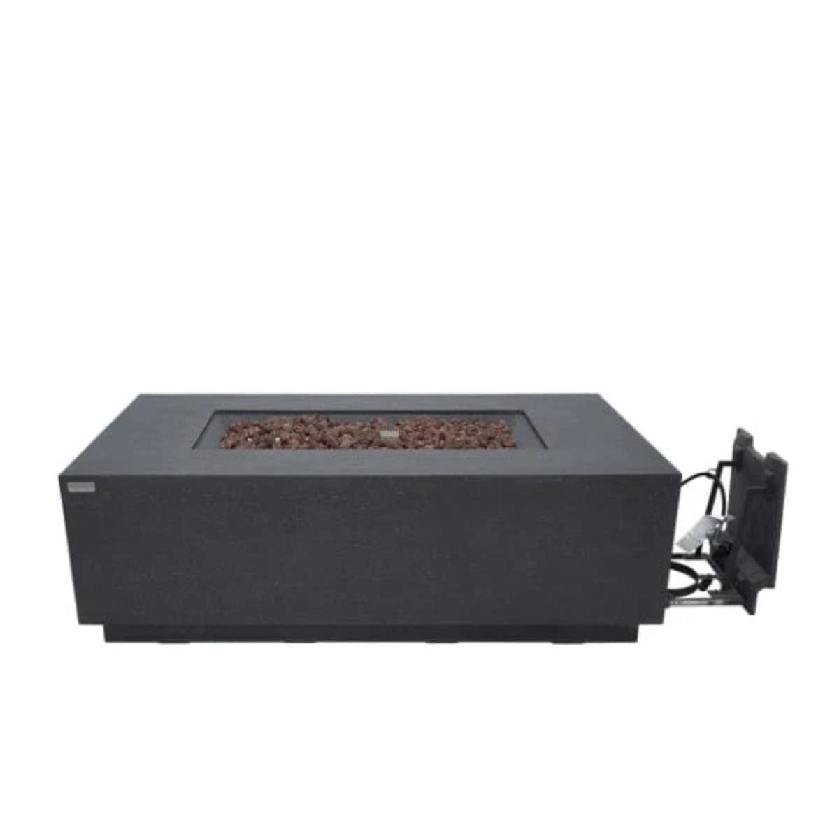 Black rectangular fire pit with visible flames on a white background