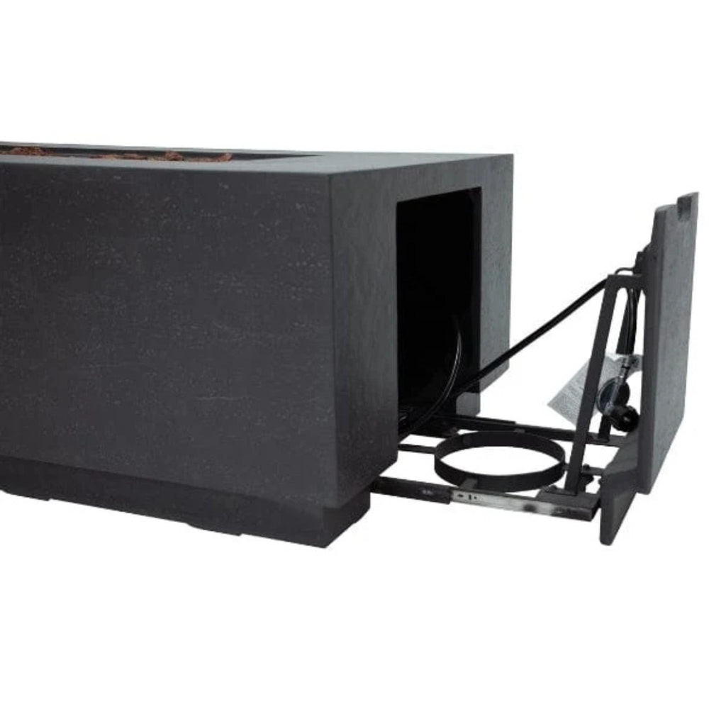 Black subwoofer enclosure with open lid on a white background