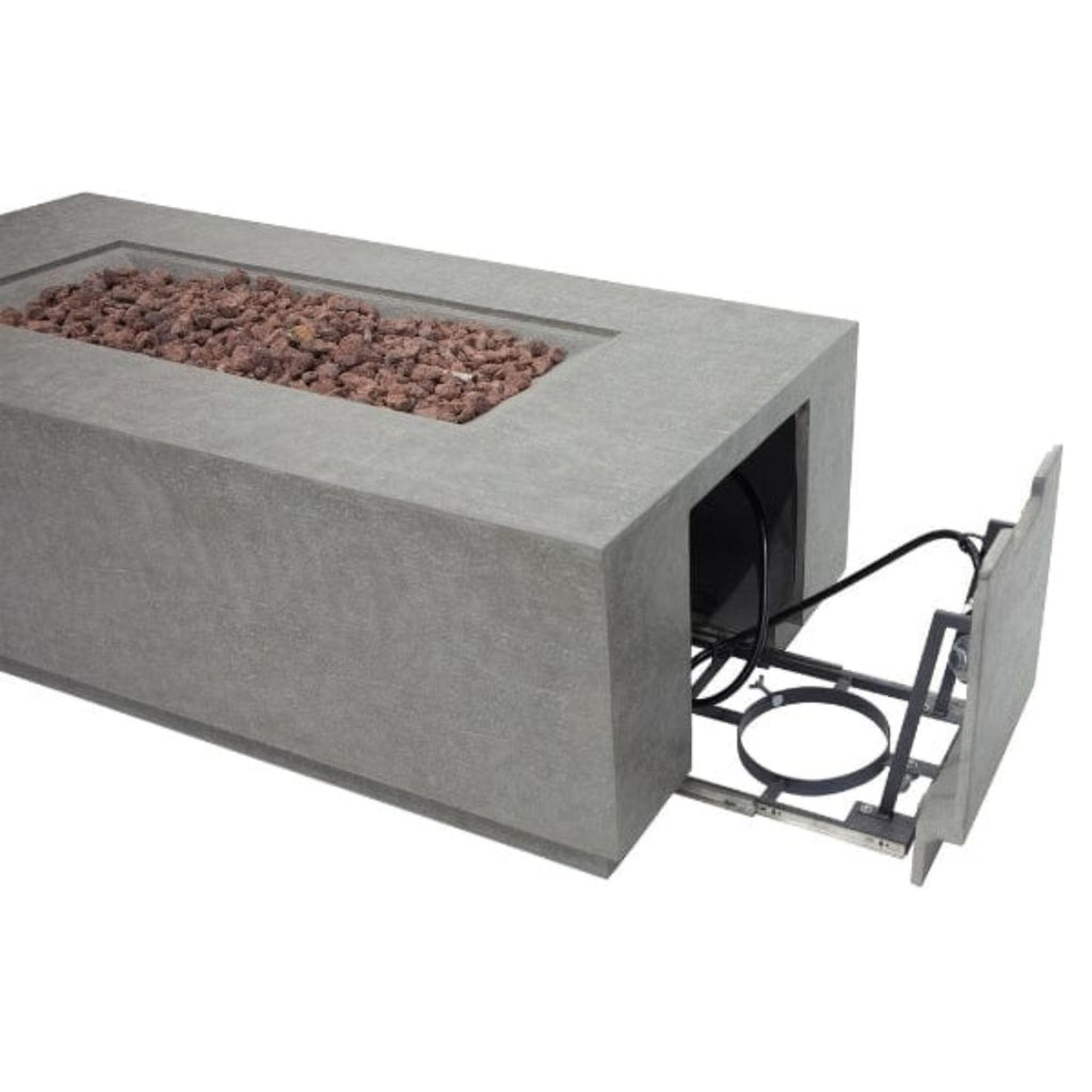 Concrete fire pit table with visible gas components on a white background