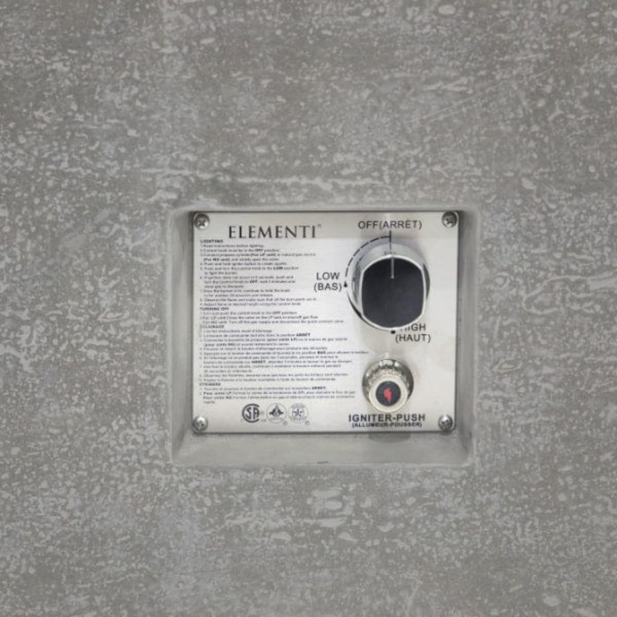 Control panel with 'Elementi' branding on a textured gray background