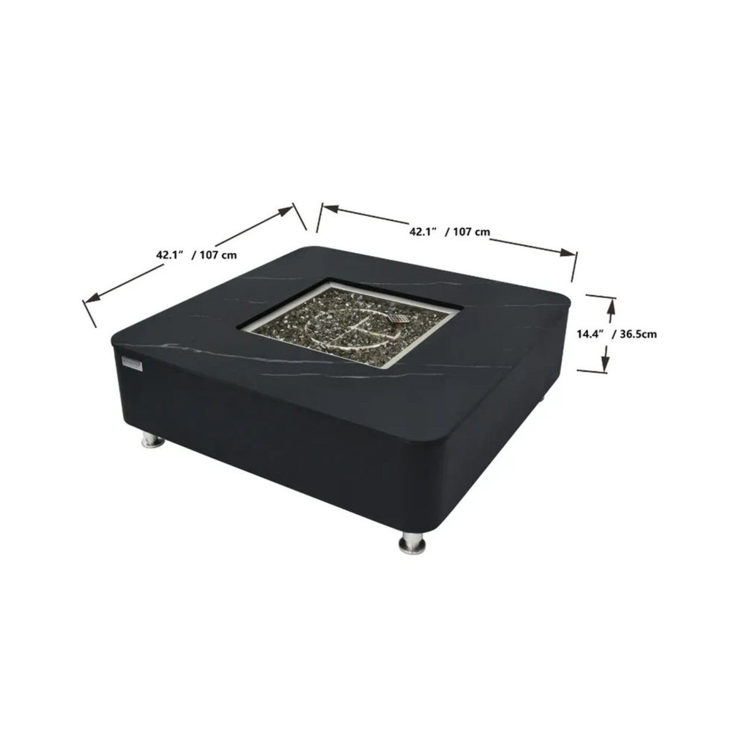 Black square outdoor fire pit table with a marble-look top and dimension annotations showing 42.1 inches by 42.