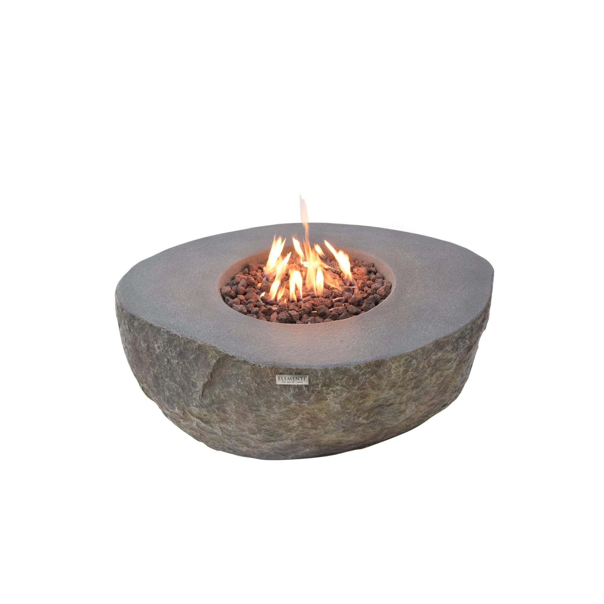 Concrete fire pit with flames on a white background