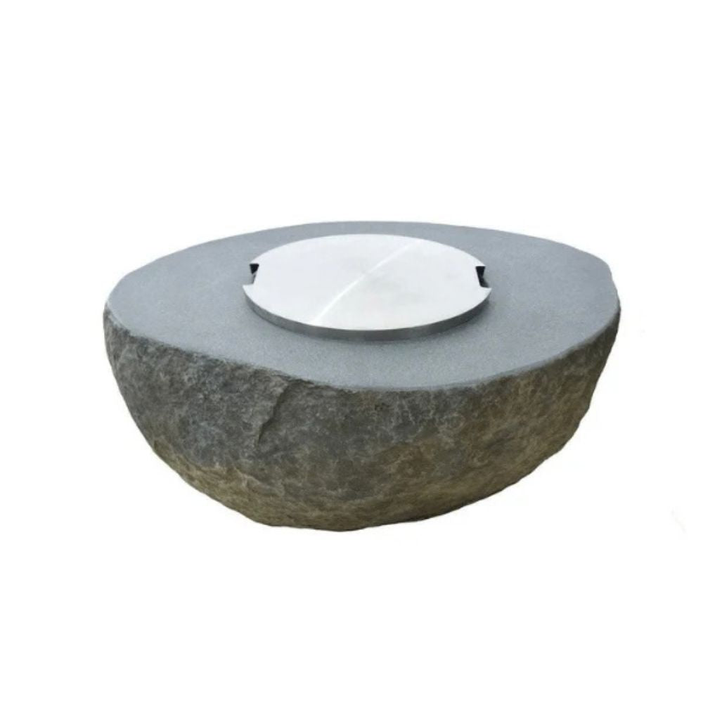A round stone fire pit with a textured dark gray base and a smooth, polished silver metal insert on top, shown against a plain white background.