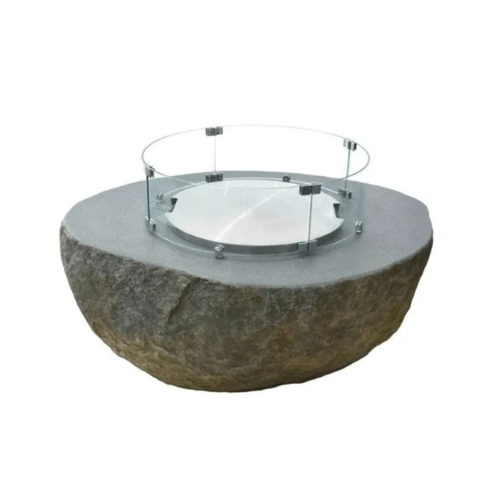 A round outdoor fire pit table featuring a natural stone base and a clear glass safety guard rim, shown on a solid white background.