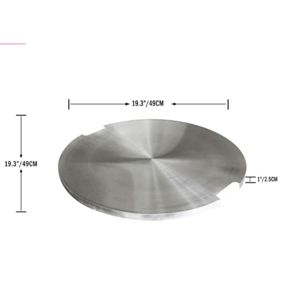 A round brushed-metal disc with a small cutout on the right side, shown with dimension arrows and labels indicating a diameter of 19.3"/49CM and a thickness of 1"/2.