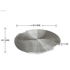 A round brushed-metal disc with a small cutout on the right side, shown with dimension arrows and labels indicating a diameter of 19.3"/49CM and a thickness of 1"/2.