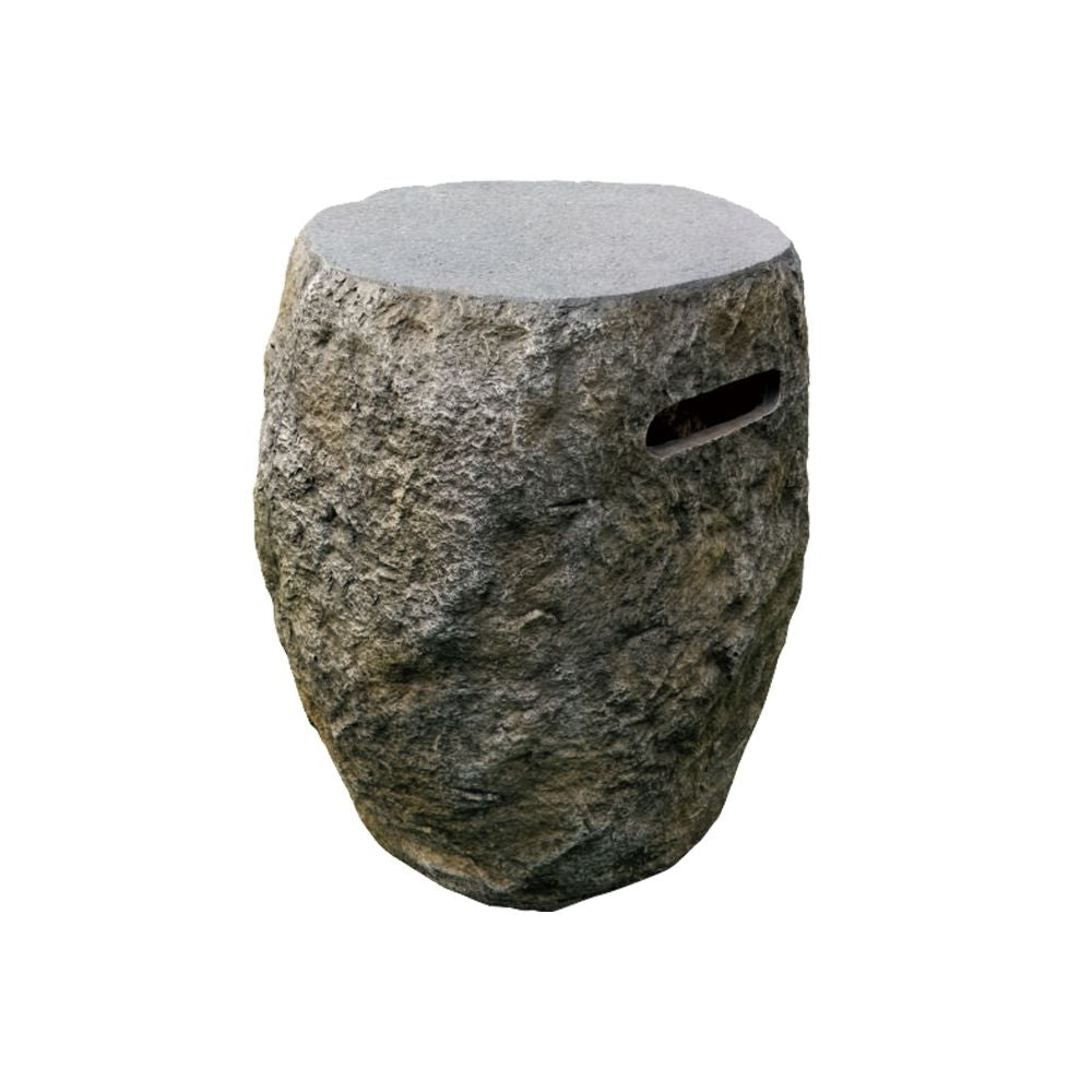 A rustic stone stool with a rough, textured natural stone body and a smooth, flat circular top, shown against a plain white background.