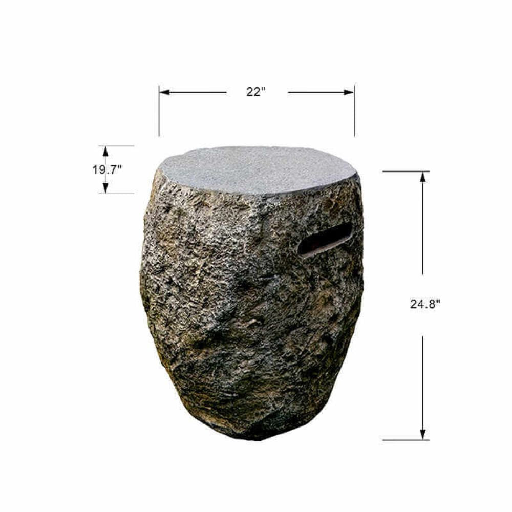 A stone stool shown on a white background with dimension lines and labels indicating a height of 24.8 inches, top diameter of 22 inches, and side cutout depth of 19.