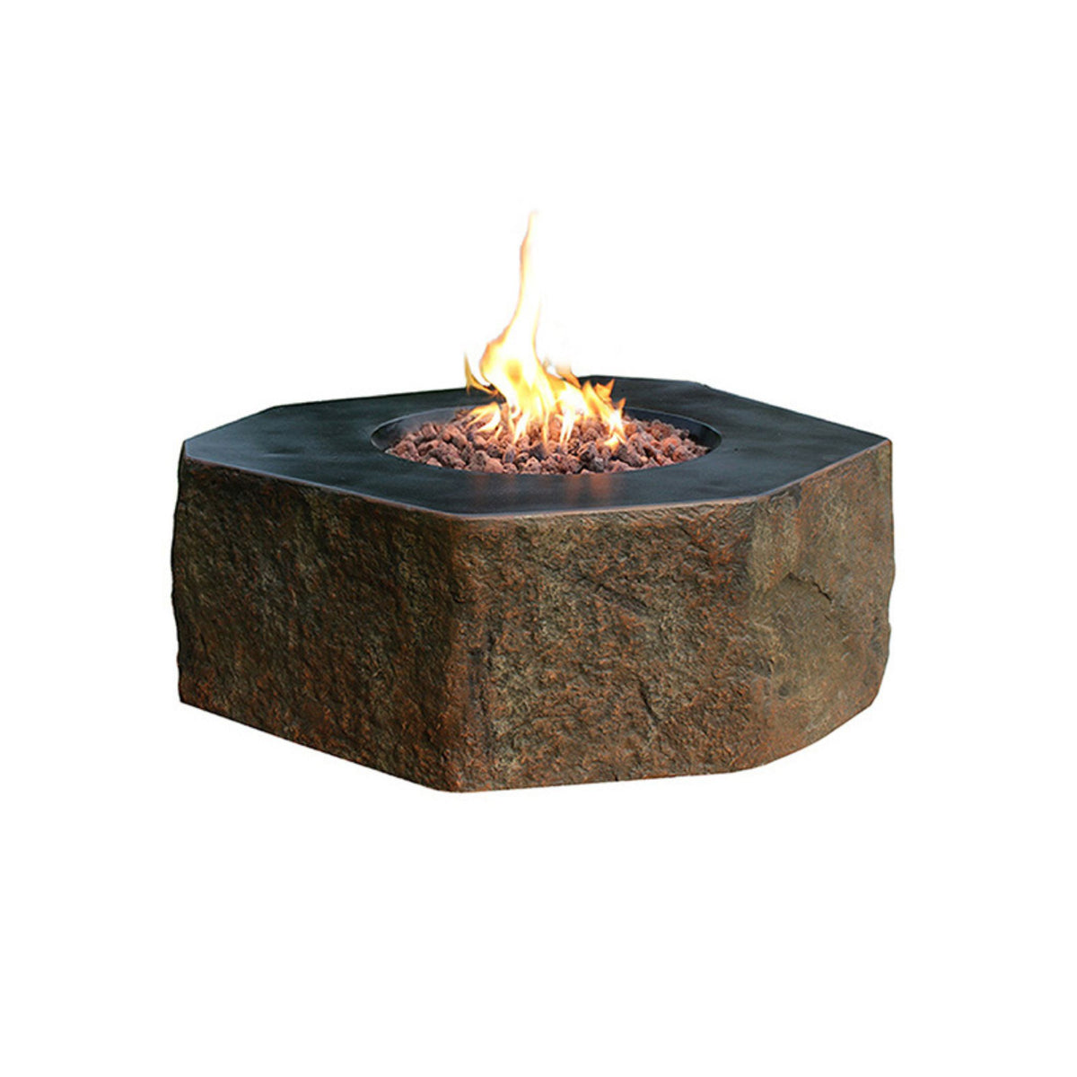 Hexagonal stone fire pit with flames on a white background