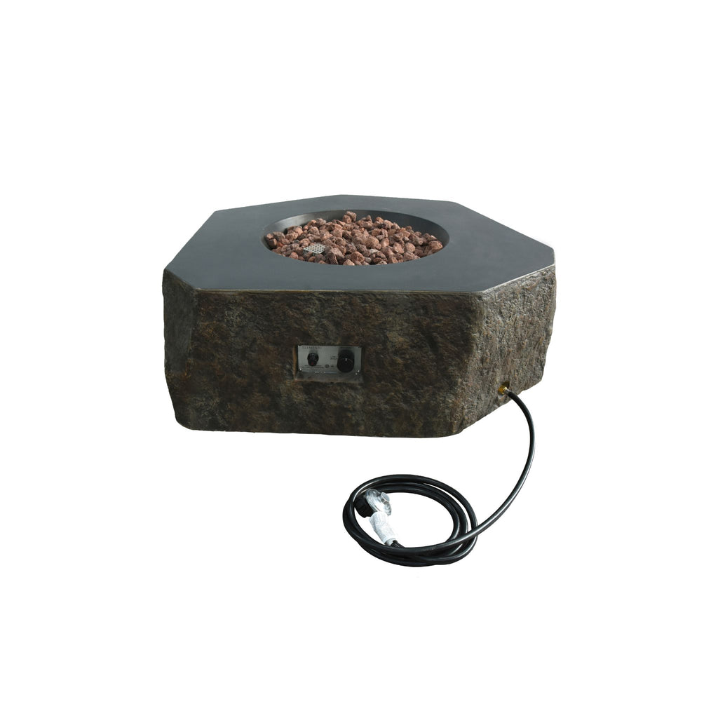 Hexagonal stone fire pit table with a dark textured base, filled with brown decorative stones, shown on a white background with its power cord visible.