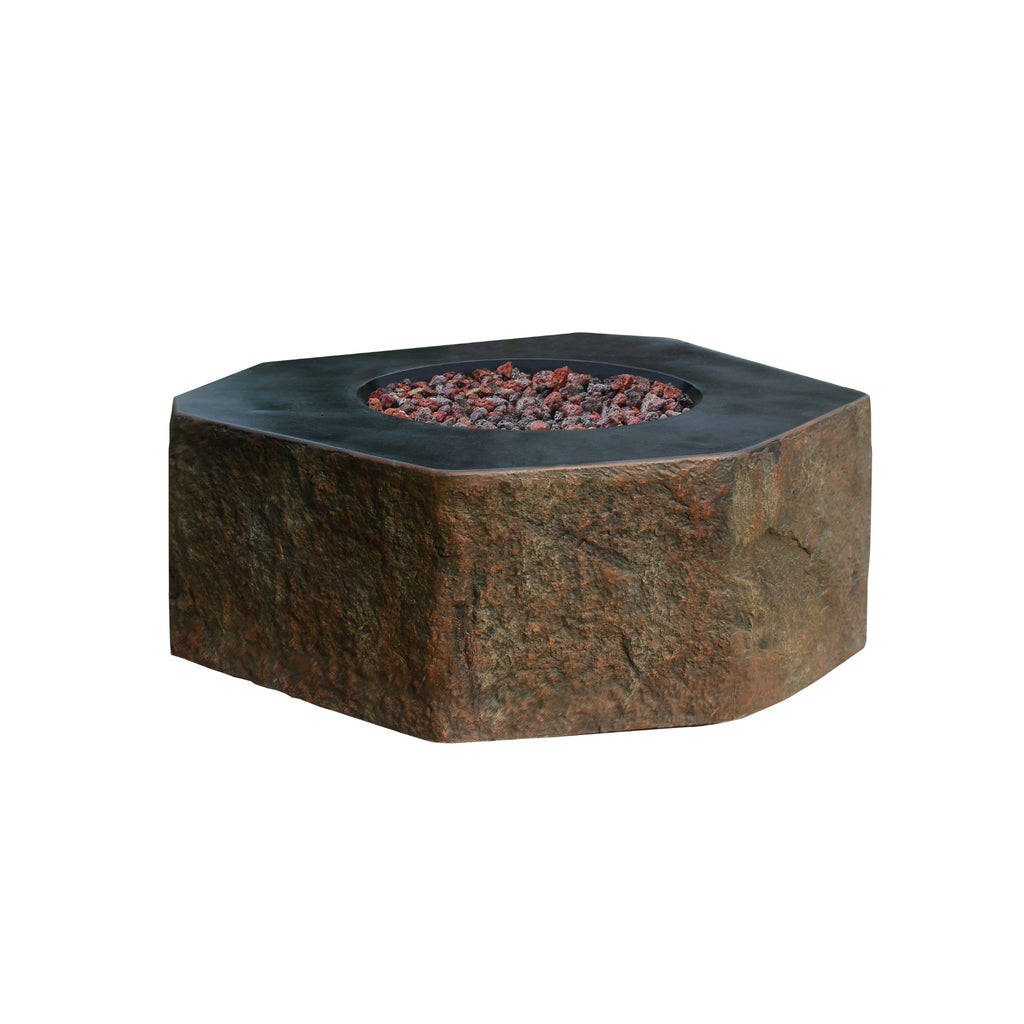 Hexagonal outdoor fire pit table with a textured brown and black stone-look body, a black metal rim, and red-orange decorative stones inside, shown on a plain white background.