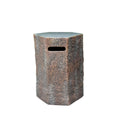 A hexagonal stone-look wastebasket with a textured brown and gray faux-stone finish and a rectangular cutout on the front, shown on a plain white background.