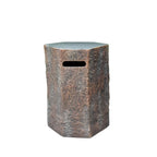 A hexagonal stone-look wastebasket with a textured brown and gray faux-stone finish and a rectangular cutout on the front, shown on a plain white background.