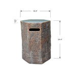 Hexagonal stone-patterned side table with dimensions on a white background